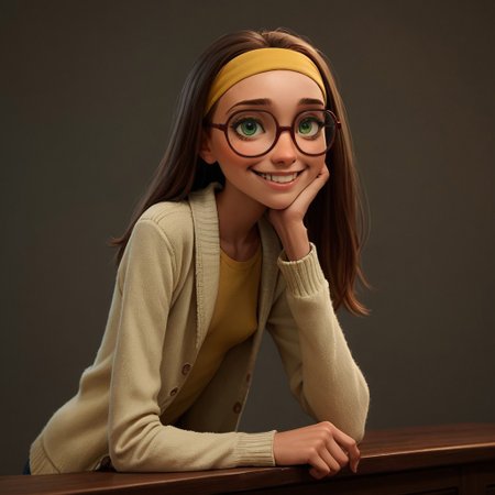 score_9, score_8_up, score_7_up, score_6_up, score_5_up, score_4_up, rating_questionable, 1girl, Hon_Lem, Glasses, smiling, skinny, tall, small saggy breasts, bending over, looking back at viewer, yellow headband, green eyes