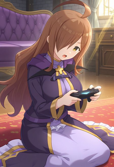 masterpiece, best quality, amazing quality, absurdres, particles of light, front shot cinematic angle, various angles, detailed background, beautiful background, (rays light:1.0), (highly detailed), masterpiece, best quality, amazing quality, BREAK 
Wiz-Liver020, 1girl, solo, ahoge, wiz \(konosuba\), mature female, long hair, large breasts, hair over one eye, brown eyes, brown hair, long sleeves, dress, robe, purple robe, long robe, long skirt, very long hair, purple dress, small belts, cross ornament, purple belt, big breasts, jewelry, long dress, long sleeves, purple dress, wide hips, ornaments, mature female, BREAK indoors, carpet, couch, 1girl, solo, serious, open mouth, full body, sitting, wariza, dynamic pose, frilled, lace trim, playing games, leaning forward, hands up, body tilt, head tilt,