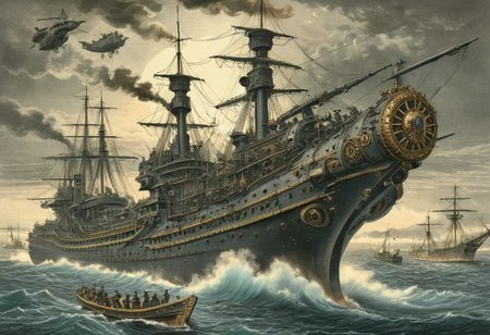 concept-art, engraving of steampunk pre-dreadnough class battleship carrying flying machines, bay of Tokio, 1863 by Gustave Dore and hokusai undertones
