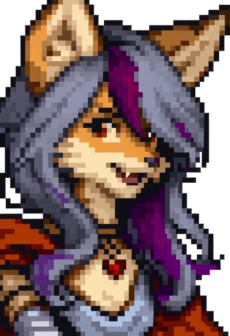 score_9, score_8_up, score_7_up, source_furry, fe4portraits, portrait, white background, pixel art,   source_furry, fox girl, sfxm, anthro, female furry, fox, fox tail, fox ears, body fur, fluffy, paws, tunic, cape, scarf, heart-shaped pendant,  bandages, red eyes, open mouth, fangs, (red hair, (violet highlights:2)),