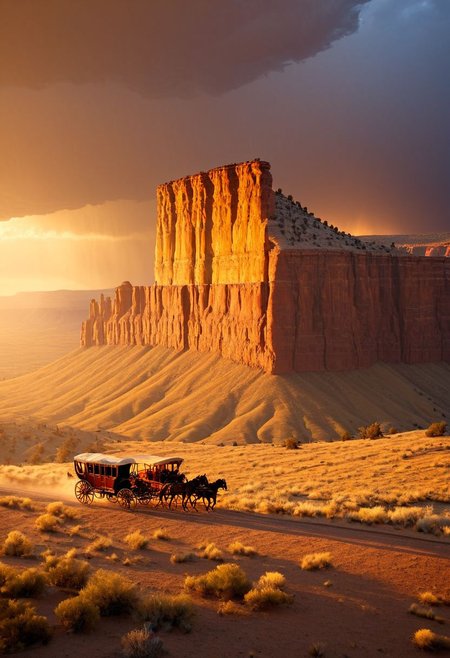 ispzxll, diorama, isometric, miniature, volumetric lighting style, intricate details, old west, americain frontier, wild west, horse, carriage, fast, view of bluff, dynamic frame, long shadows, golden hour, epic, rainstorm on horizon
