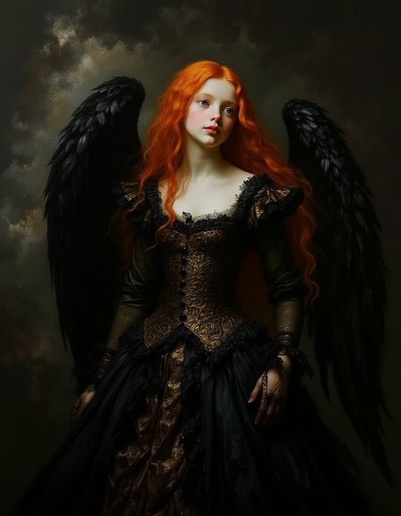 Minimalist painting of a teen female angel wearing an ornate black and gold dress by Albert Lynch, Abbott Handerson Thayer, highly detail, best quality, feathery angel wings, high camera angle, standing in the center of a nebula, shy, corseted, bodice, crinoline, bustled, innocent, serene, white skin, pale skin, blue eyes, long flowing red hair, ultra detailed, romantic, brush strokes, focus on the girl, shadow and light, Masterpiece, intricate lines, intriguing atmosphere, sharp magnificent details, delicate features, elaborate details, (2\3 rule composition:0.5), ultra detailed, romantic, Rembrandt lighting, brush strokes,  del1cate_balance style, in the style of Rembrandt. vantablack <lora:style_of_Rembrandt_FLUX_135:.8> <lora:- Flux1 - vanta_black_V2.0:.8> <lora:Delicate_Balance:.3> <lora:neeeg_f1:-1>
