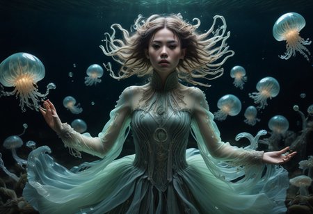 long mid shot portrait photography of an ethereal warrior, (glowing runes: 1.1), fairytale aesthetic. light green sheme, Photorealistic, intricate details, realism, sfw, ultrasharp,photography, floating, dress, water, under water, jellyfish, haute couture, tentacles, bioluminescence