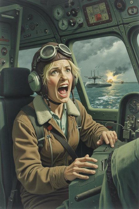 jeanleonhuens1 illustration.
A female pilot screaming inside the cockpit of a World War II bomber. The pilot, wearing a vintage leather flight helmet with goggles and a bomber jacket, grips the controls with white-knuckled hands. Her face is contorted in a mix of fear and determination as she yells, her eyes wide with adrenaline. The cockpit is cramped and filled with old-fashioned dials and gauges, with the outside view showing dark stormy clouds and distant anti-aircraft fire <lora:jeanleonhuens1_ap_d6a3e12:1.0><lora:844820325104455122:0>