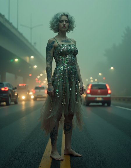 Full-length, shot of a young woman with pale skin. Her eyes are green. She has gothic tattoos on her legs and arms. She is barefoot.  Her colorful clothes are in sharp contrast to the muted tone environment. Curly Bob: A short cut designed to enhance natural curls.,standing straight, slight head tilt, direct gaze,. She wears Barefoot,Sequin Dress: A glamorous, shimmering dress covered in sequins.. Foggy Overpass: Cars rushing below through thick, atmospheric fog.. bokeh effect film effect highly intricate detail cinematic real aesthetic very fine elegant sharp focus creative positive light artistic cheerful rational new pleasant lovely.NyxBorne. A dreamlike, surreal composition. soft pastel hues of dawn gently illuminate her pale skin and cascade through her hair, which moves as though caught in an unseen current.
The atmosphere is imbued with quiet magic, the golden light creating an ethereal glow that contrasts with deep shadows. 
The image is framed cinematically, with dynamic movement and a perfect balance of light and shadow. The surrounding scene is both vast and intimate, evoking themes of liberation, solitude, and wonder. Each detail invites the viewer into a world of quiet surrealism, where the boundaries of reality and dreams dissolve., <lora:NyxBorne IE:0.8>