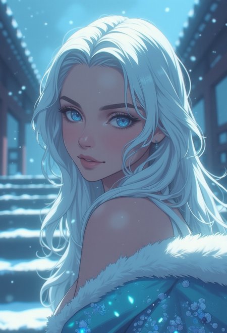 masterpiece, best quality, hyperrealistic digital painting by Jeremiah Ketner and Charlie Bowater and Stanley Artgerm and Thomas Saliot and J. Scott Campbell, shallow depth of field, bokeh, incredibly detailed, real, lifelike face, realistic, high-resolution, cinematic composition, masterpiece, best quality, Sole female, mature beauty, icy blue eyes, blue eyes, perfecteyes, long hair, snow-silver hair, snow, stairs, luscious soft lips, pale skin, standing, ice themed glowing kimono, fur trimmed Kimono off the shoulder, bare shoulders, sky, snowfall, temple, looking at viewer, upper body, from below, looking forward, soft smile