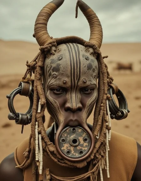 cybernetic robot cinematic still A futuristic murs1, half robot, half human with traditional murs1 decorations, robotic enhancements integrated into their body, intricate metallic details, cybernetic implants. Wearing large tribal earrings (plugs), an ornate lip plate, and adorned with traditional murs1 jewelry. Horns emerging from their augmented robotic head, blending tribal and futuristic styles. Set in the vast, arid Ethiopian desert with warm, sandy tones and a dramatic sky. A perfect fusion of ancient culture and futuristic technology, detailed and highly realistic.
<lora:mursi:1>
 <lora:ARob-FLUX-3-CivitAI:1> ARob, cyborg, robot . emotional, harmonious, vignette, highly detailed, high budget, bokeh, cinemascope, moody, epic, gorgeous, film grain, grainy . android, AI, machine, metal, wires, tech, futuristic, highly detailed
