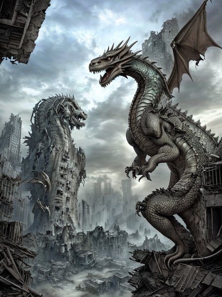 a detailed scaled (dragon) sits on a modern building in front of a (city in ruins:1.2).
 <lora:Wasteland:0.75> Wasteland, the, and, with, wasteland, background