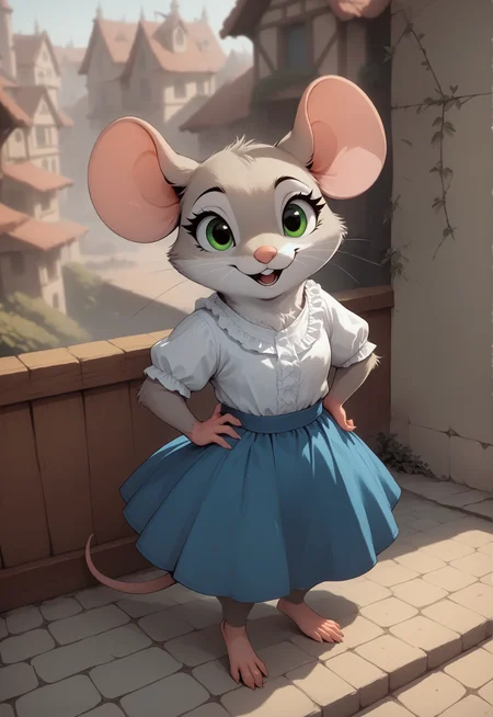 score_9, score_8_up, score_7_up, score_6_up, score_5_up, score_4_up, m0use_goldie, cute, feral, mouse, female, grey fur, green eyes, white frilly shirt, blue skirt, , from above, high-angle view, from front, front view, outdoors, mansion, hand on hip, (open mouth:0.7), 