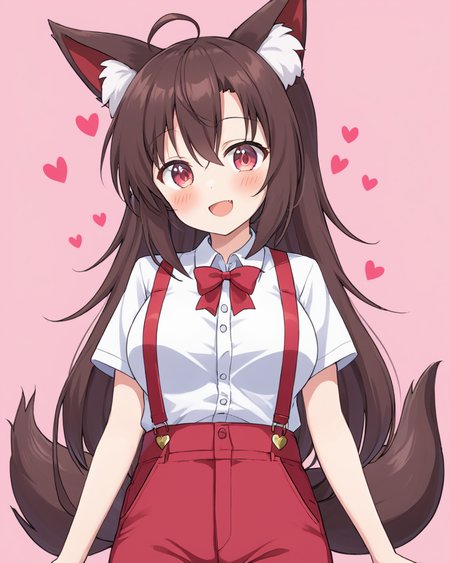 imaizumi kagerou,1girl, solo, cosplay, suspenders, open_mouth, white_shirt, looking_at_viewer, short_sleeves, ofuda_on_clothes, smile, blush, wolf_tail, bow, collared_shirt, heart_background, pink_background, red_pants, cowboy_shot, medium_breasts, standing
<lora:imaizumi_kagerou_image5677_2023-12-20-000008:1>,star-shaped_pupils,symbol-shaped_pupils,. gorgeous,key visual, vibrant, studio anime,award-winning, professional, highly detailed,high budget, cinemascope