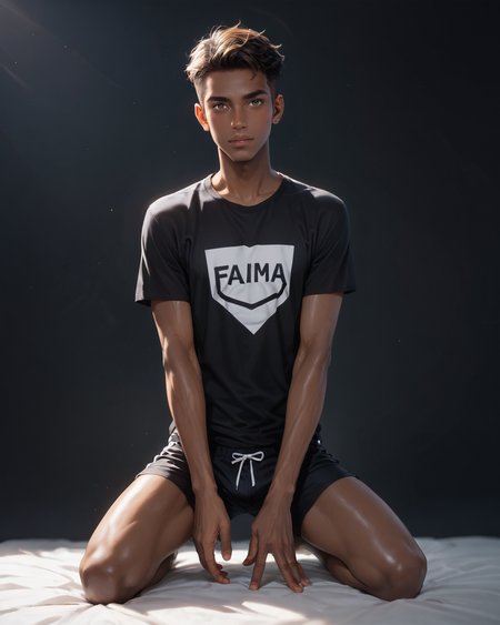 score_9, score_8_up, score_7_up, score_6_up, score_5_up, score_4_up, rating_questionable, 
<lora:KC-1:0.5>, dramatic lighting, glistening skin,
intricately detailed, photo studio with black backdrop, black background,
1boy(human, glistening skin, handsome, sexy, seductive, posing, looking at the viewer, friendly expression, kneeling,
black skin, african, 
twink, slender, 
loose t-shirt, shorts),
depth of field, 
<lora:xl_more_art-full_v1:0.4>,
<lora:add-detail-xl:0.4>