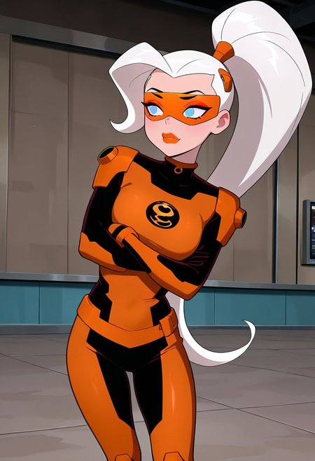masterpiece, best quality, amazing quality, very aesthetic, absurdres, newest, ((screencap, parody, cartoon))
drewsat, 1girl, long hair, white hair, ponytail, blue eyes, makeup, lipstick, eyeshadow, 
armor,, orange bodysuit
expressive face, 
crossed arms, leaning to side, mad, orange visor,