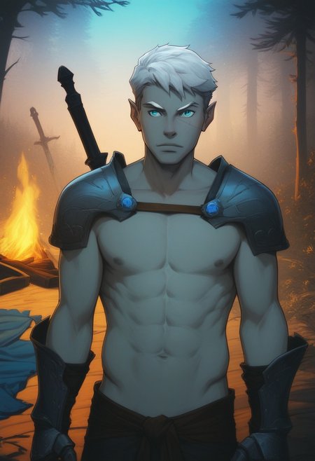 score_9, score_8_up, score_8, score_7_up, male, standing, 25 years old, mischievous, handsome, flirty, dominant, narrow mouth, (half_elf:0.5), dark elf, (((grey skin))), (((short white hair))), short cut sides, ((white eyebrows)), grey ears, pointed_ears:0.5, (pointed human ears), split eyebrow, eyebrow scar on left side of face, ((detailed turquoise eyes)), 1boy, solo, sexy, athletic, abs:0.5, (shirtless, chest strap), shoulder armor, gauntlets, (sword-over-shoulder, weapon over shoulder, crossguard hilt), vox machina style, solo, at night, warlock, fantasy, forest background, (dynamic lighting:1.1), campfire
((masterpiece)),
