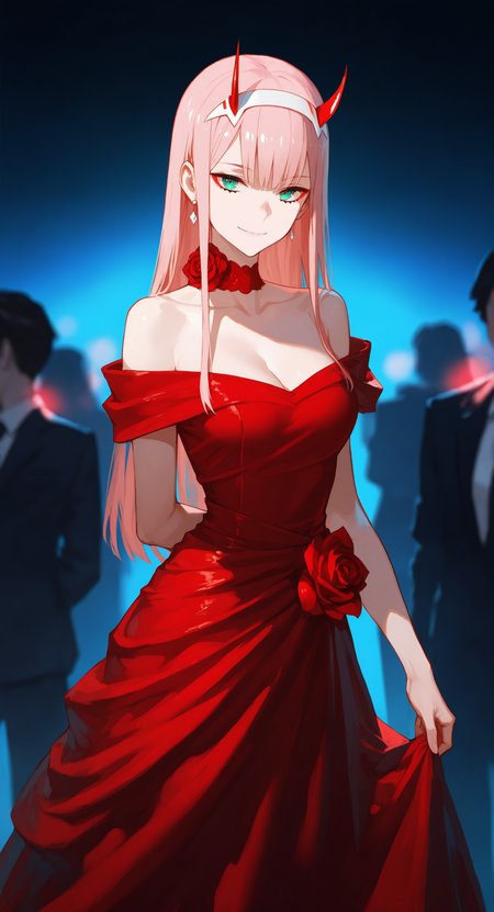 masterpiece, best quality, good quality, very aesthetic, absurdres, newest, zero two \(darling in the franxx\), 1girl, long hair, looking at viewer, smile, dress, closed mouth, cleavage, jewelry, bare shoulders, medium breasts, standing, green eyes, collarbone, pink hair, flower, earrings, hairband, horns, choker, solo focus, off shoulder, aqua eyes, rose, red dress, formal, red flower, straight hair, arm behind back, white hairband, red rose, off-shoulder dress, skirt hold, red choker, red horns, evening gown,
Noble temperament, elegant, Cool And Blue Lighting,
shadowy lighting, cinematic atmosphere, Cinematic Lighting,
Depth Of Field,simple background, <lora:ponyv5_noobV065S_1_adamW-000013:0.7> <lora:USNR_STYLE_XL_lokr:0.5> <lora:EtherSDXL:0.15> <lora:GBF_Illustrious:0.3>