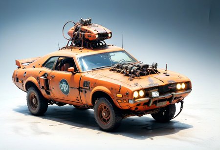 <lora:evidecrepPunk:1> evi@decrepPunk ,car flying above city, from above,    Robotic orange car made of rusted old metal and gears and leaking decaying batteries in a post-apocalyptic weathered decaying world, muscle car, mustang, dolorean, 1969 dodge charger  with white stripe, humoristicsetting, highly detailed, sharp focus, photograph, 8k resolution, cinematic lighting, , night, dark exhaust smoke, black oil dripping