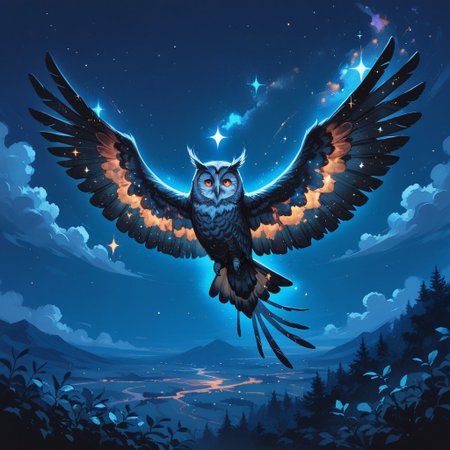 lazyup7, source_anime, galaxy owl, night, flying, wings spread