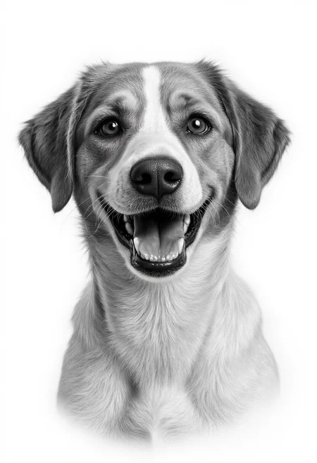 photorealistic black and white pencil drawing of a happy dog, detailed fur, wet reflecting nose, neutral white background <lora:hyperrealism-000103:1>