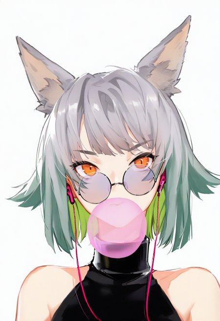 1girl, solo, chewing gum, round eyewear, bubble blowing, earphones, animal ears, short hair, looking at viewer, glasses, orange eyes, white background, bare shoulders, simple background, earbuds, multicolored hair, grey hair, green hair, bangs, sleeveless, turtleneck, upper body <lora:solaXL_NBVP1_lokr_V6311PZ:0.95>