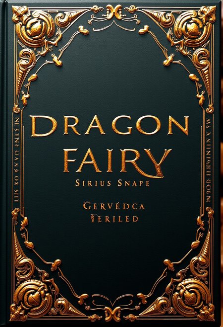 the book cover, nam of book is Dragon Fairy, name of book is center on the cover, author of book is Sirius Snape, name of author of book is under name of book, gold ornaments on cover, shiny ornaments, fantasy book cover, thick book, high quality, masterpiece, 8K