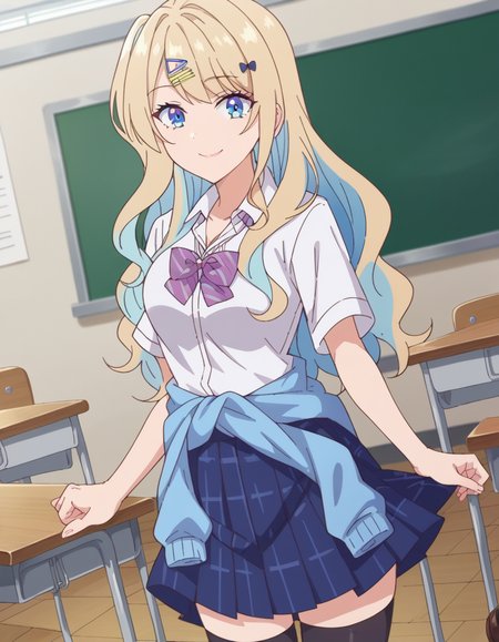 score_9, score_8_up, score_7_up, source_anime,
lunashirakawa, <lora:luna-shirakawa-s1-ponyxl-lora-nochekaiser:1>,
luna shirakawa, long hair, blue eyes, blonde hair, hair ornament, bow, multicolored hair, hairclip,
skirt, shirt, thighhighs, bow, school uniform, white shirt, pleated skirt, shoes, black thighhighs, bowtie, blue skirt, plaid, plaid skirt, loafers, purple bow, clothes around waist, gyaru, purple bowtie,
indoors, classroom, smile,
looking at viewer, dutch angle, cowboy shot,