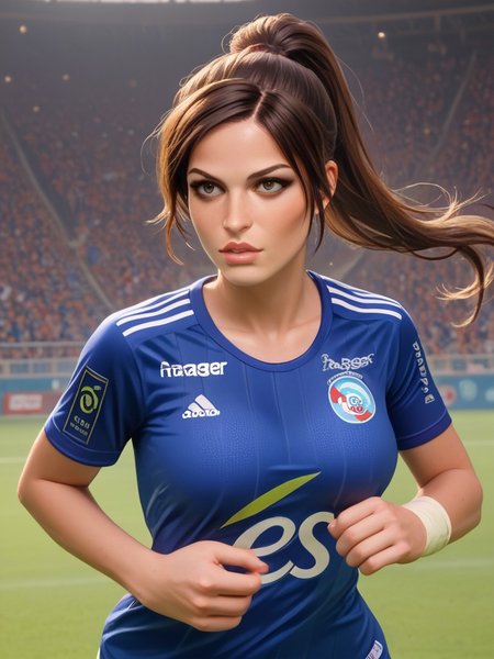 score_9, score_8_up, score_7_up,  <lora:rcstrasbourg_xl:1>,lara croft, country stadium, brown hair, long hair, ponytail,rcstrasbourg,rcstrasbourg_logo,és,electricite_strasbourg logo,adidas, standing,  blue shirt, white short,soccer uniform <lora:RC_Strasbourg_Alsace_-_football:1>, masterpiece, lips,portrait, upper body, playing soccer, large breast, cleavage, 30yo, in mountain, country stadium, running, playing soccer, beautiful face, lips, short sleave, empty stadium, more details, highres, very detailed background, short sleeves, (running),bun cover,upper body, fit, athletic, detailed background