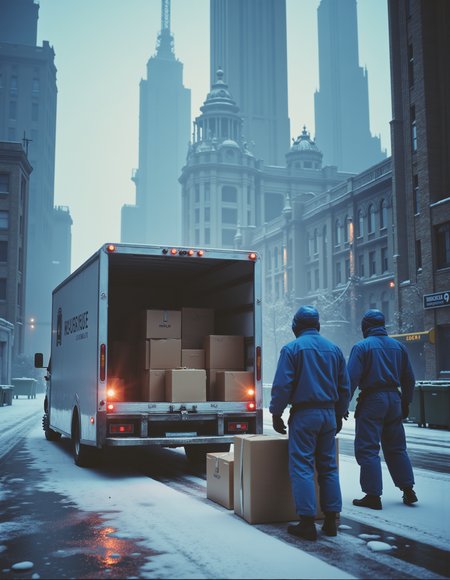 Cinematic scene of a dystopian cityscape with skyscrapers, industrial vibes, cloudy sky,  snow on the ground,  semi futuristic delivery truck parked, truck's back door is opened full with boxes, garage door opened, unloading boxes, men in blue unform holding box in hand 
luxurious and art deco while yet dystopian. 
<lora:80s_Fantasy_Movie:1> ArsMovieStill, 80s Fantasy Movie Still