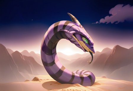 score_9, score_8_up, score_7_up, score_6_up, score_5_up, score_4_up, sandworm, source_sandworm_kawaii, (snake, slit pupils, green eyes, purple body, body markings, black eye markings, 2 pair of horns, black belly scales, forked tongue, sammie the sandworm) emerging from alien desert, surreal sandy landscape, under starry sky, (Saturn) in the dark sky, chiaroscuro, low-key lighting, ((no humans))
