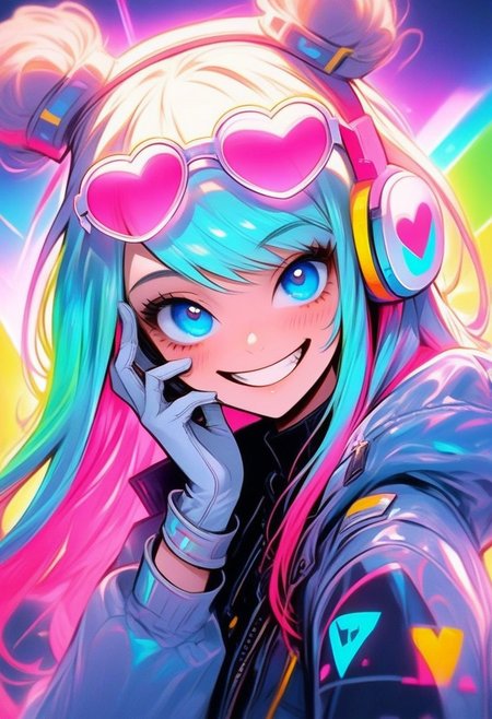 a little girl with colorful hair wearing white gloves and headphones that have hearts all over them, 1girl, smile, solo, heart, eyewear on head, grin, looking at viewer, jacket, jewelry, blue eyes, long hair, Expressiveh