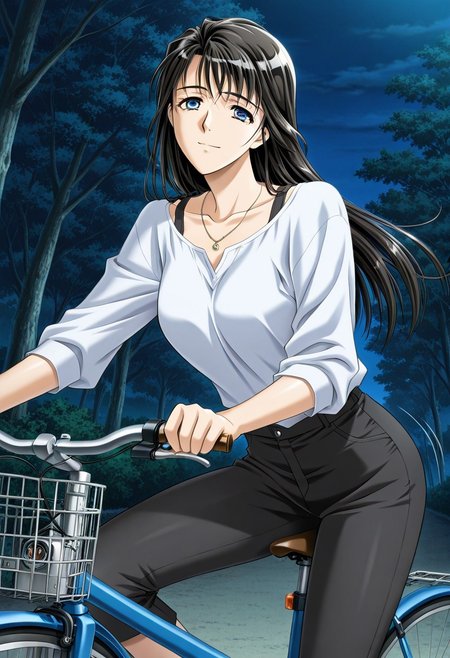 general,highres, ultra-detailed,very aesthetic,best quality ,best hands,masterpiece, best quality, newest, highres, score_9, score_8_up, score_7_up, source_anime, rating_explicit,1girl, yokota mamoru style,motion lines,Very straight nose，slim,slender face,perfect nose
Kamiyama Natsuko,Black Hair, Long Hair, Straight Hair,Blue Eyes, Tareme Eyes,Slim,Necklace,,tree
,1girl, black hair, long hair,night, a young woman is riding a bicycle. Capri Pants, Shirt,solo，from side