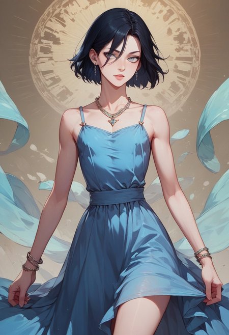 score_9, score_8_up, score_7_up, 1boy, femboy, otoko no ko, short hair, bob cut hair, black hair, grey eyes, gray eyes, feminine face, toned body, Shelly, camisole dress, loose dress, silk dress, blue dress, earrings, necklace, bracelet, elegant, flowing, highly detailed, intricate, zzCitronCAT, flirty expression, walking pose, cowboy shot, looking at viewer, modelshoot, abstract background, solo