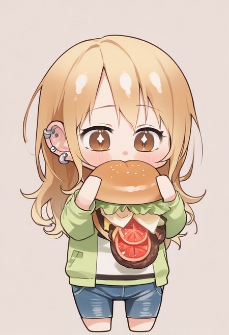 score_9, score_8_up, score_7_up, score_6_up, score_5_up, score_4_up, detailed eyes, detailed skin, source_anime, source_anime, masterpeice, best quality, very aesthetic, absurdres, BREAK, <lora:Burger_Malfunction-PonyXL-1024px:0.8>, <lora:SayaEndoXL:0.8>, 1girl, sayaendo, brown eyes, blonde hair, long hair, hairclip, ear piercing, sanpaku, hoodie, jeans, denim pants, 1girl, solo, (chibi:1.8), eating, holding food, burger, burger_malfunction, long white hair,  tomato, cucumber, ketcup, mustard, salad,