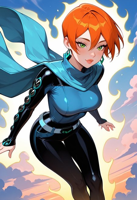 masterpiece, best quality, amazing quality, very aesthetic, absurdres, newest,
gwenfut, 1girl, green eyes, solo, short hair, orange hair, breasts, jewelry, earrings, bodysuit, cape, hair between eyes, belt, lips, long sleeves, scarf, 
floating, yellow aura, sky diving, between clouds, clouds background, floating pose, dynamic pose,