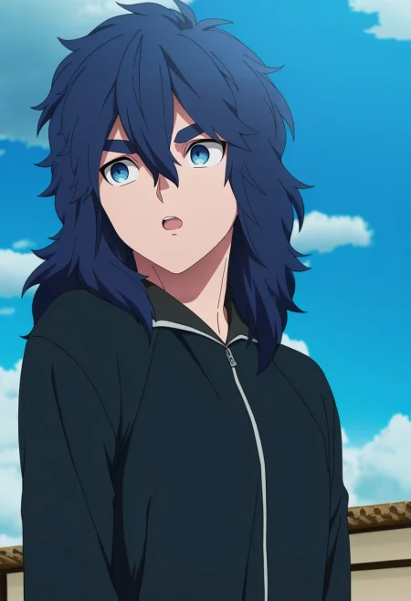 masterpiece, best quality, , anime screencap, , ,, 1boy, solo, male focus, <lora:yui_kemono_jihen_ilxl:0.96>, yui_kemono_jihen, blue hair, blue eyes, long hair, hair between eyes, bangs, thick eyebrows, , rule of thirds, sahara desert, day, clouds, yoga, open mouth,