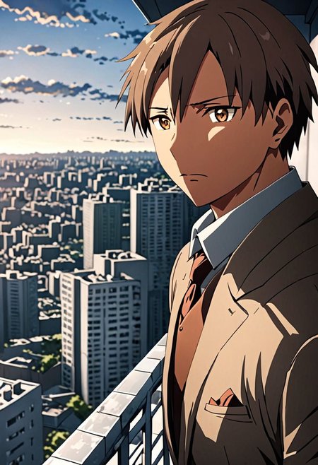 high resolution, solo, best quality, 1Boy, Takaki Toono, Brownish Hair, Brown Eyes, high-rise, top of building, landscape, shallow depth of field, OverallDetail