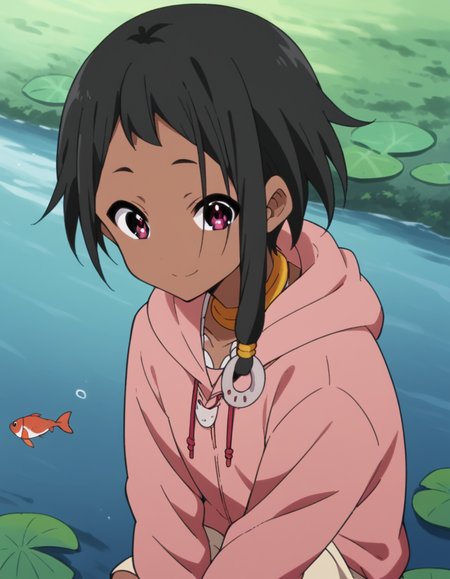 score_9, score_8_up, score_7_up, source_anime, <lora:choi-mochimazzi-s1-ponyxl-lora-nochekaiser:1>, choi mochimazzi, short hair, black hair, dark skin, dark-skinned female, pink eyes, sidelocks, jewelry, hoodie, pink hoodie, skirt,, river, flowing, fish, banks, current, smile, hands on own knees, looking at viewer, solo,, dutch angle, cowboy shot