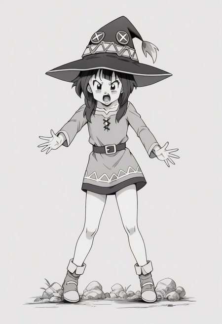 <lora:Dragon Ball_XL:0.8>, score_8_up, score_9_up, 1girl, solo, megumin, full body, open mouth, female focus, monochrome, grayscale, (perfect hands), <lyco:GoodHands-beta2:1>