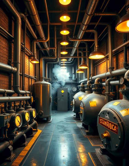 A highly detailed and realistic photograph of an industrial boiler room filled with large metal boilers, complex pipe systems, and pressure gauges. The room is dimly lit with a mix of warm yellow lighting from overhead industrial lamps and cool blue reflections from metallic surfaces. The air is slightly hazy with steam escaping from some of the pipes. The floor is made of reinforced concrete with visible stains from oil and water. Various control panels with blinking LED indicators and warning signs are mounted on the walls. The atmosphere is rugged and mechanical, evoking a sense of power and industrial efficiency. The depth of field is sharp, capturing intricate details such as rust on old pipes, the texture of the metal surfaces, and the labels on the control panels. The composition emphasizes symmetry, with pipes and machinery creating a structured, almost futuristic aesthetic. 
<lora:SDXLFaeTastic2400:0.4> <lora:extremely_detailed:0.4> extremely detailed,<lora:industrial_boiler_room:1>,industrial b01l3r r00m, Masterpiece,best quality,hi res,8k,hi res,8k,award winning,(sharp focus, intricate, highly detailed),