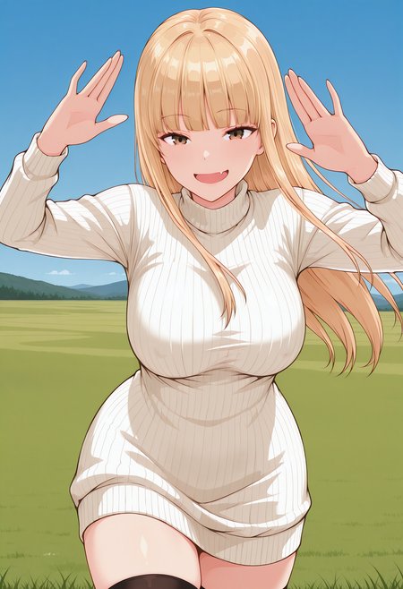 ruriko, fang, brown eyes, blonde hair, long hair, blunt bangs, sweater dress, white sweater, ribbed sweater, turtleneck, long sleeves, thighhighs, zettai ryouiki, <lora:ruriko_illustrious_ver2:0.8> 
smile,, masterpiece, best quality, sensitive,, 1girl, solo, blue sky, (grasslands:1.2), looking at viewer,, (cowboy shot, dynamic pose:1.4),