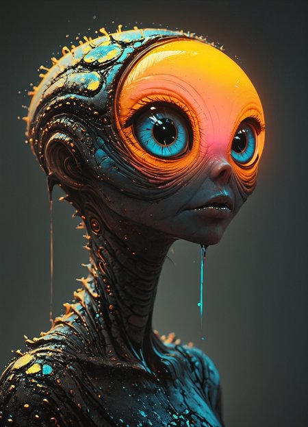 cinematic photo Ombre color scheme of neon blue, neon pink, neon yellow, neon green, neon orange, big eyed alien, in the style of textured illustrations, dark gray and bronze, online sculpture, naoto hattori, jeremy lipking, dark sky-blue and orange  neon glitch <lora:GigerRainbowXL:0.49> g1h3r <lora:MJ52:0.7>  <lora:Retro_Ink_SDXL:0.38> retro ink <lora:sss:0.8> <lora:Niji_glitch__neon_aesthetic:0.8> <lora:linquivera:0.38> linquivera, liiv1 <lora:Melting_world:0.46> , subsurface scattering, Photorealistic, Hyperrealistic, analog style, realistic, film photography, soft lighting, heavy shadow, 35mm photograph, film, bokeh, professional, 4k, highly detailed