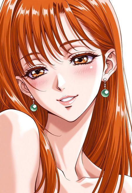 masterpiece, best quality, newest, highres, uncensored, 1girl, yokota mamoru style,1girl,Miyabi Arisa,long Hair, Orange hair, Straight hair, long legs,amber eyes，motion lines, , solo, open eyes,smile with love, earrings, jewelry, long hair, blush, close-up,, dutch angle, portrait, mature female