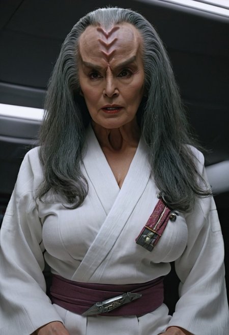 old Klingon female, flashing her breasts and nipples, grey hair, 8k, high resolution, cinematic scene, on a spaceship, white cotton kimono style uniform, kimono open clothes in the front exposing her breasts, very detailed face, detailed eyes, matching eyeballs++, detailed irises, dark lighting, dark hair, (mouth closed).
