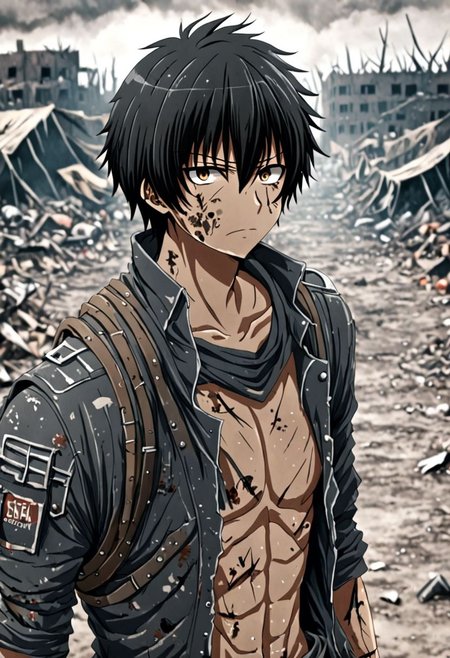 high resolution, solo, best quality, 1Boy, Seiya Kanie, black hair, short hair, thin, shallow depth of field, Post-Apocalyptic, survival, OverallDetail
