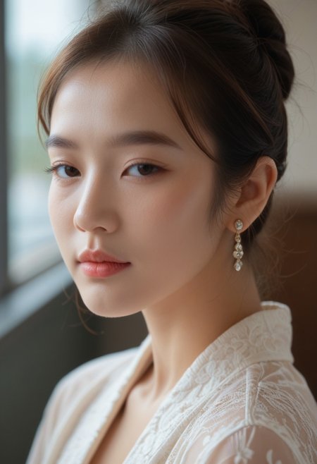 score_9, score_8_up, score_7_up, ladyburns, sideburns, 1girl, solo, jewelry, earrings, blurry, brown hair, asian,