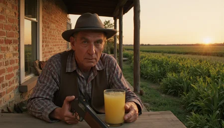 cinematic full shot of an elderly farmer sitting on a porch in the rural USA at dusk. A shotgun and a glass of lemonade are on a table in the foreground in front of him. Corn fields in the distance, setting sun. Warm natural light coming from the side, casting shadows. High resolution. 2020s movie <lora:dark_cinematic-000080:1>