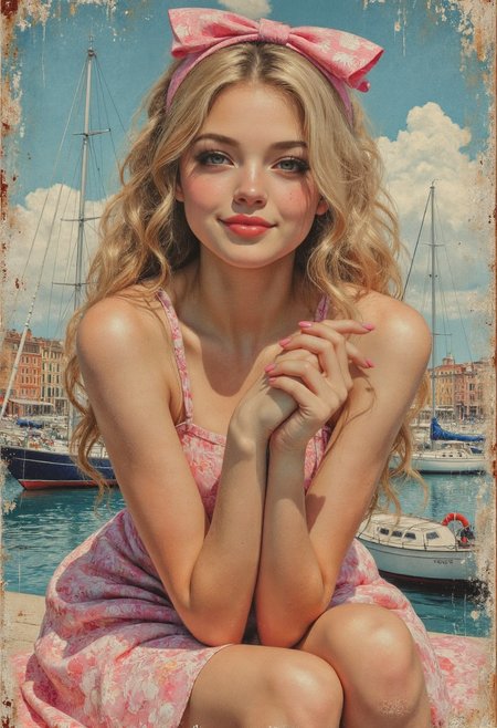 a highly detailed, digital painting in a style reminiscent of classic pin-up art, with a focus on realism and elegance. a smiling young woman with a fair porcelain-like skin . She has long curly blonde hair adorned with a pink bow. her eyes are a bright blue with eyeliner and mascara, a sultry vintage look. She is dressed in a soft pale pink sleeveless short silky dress with a subtle floral pattern Her pose is seated, with her knees drawn up to her chest, Her hands are clasped together, resting on her knees, adding to the sense of vulnerability and charm. The background features a picturesque harbor with several sailboats and yachts moored in the calm waters. The sky above is a gradient of blues, nostalgic, old-school glamour, evoking the style of classic pin-up art from the early 20th century. timeless beauty allure and feminine charm. <lora:flux-lora:0.8> painting, japanese <lora:Midjourney_Whisper_Chromaplex_Velvet_Myst_v01:0.6> velvet_myst,