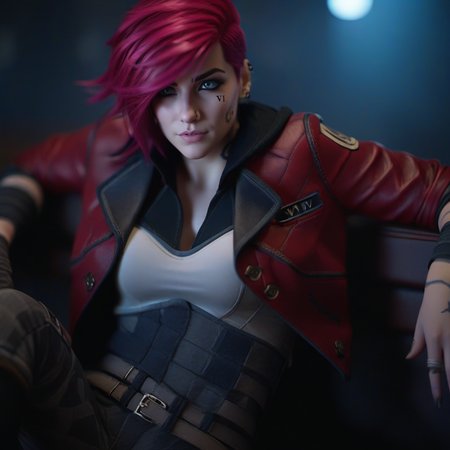 cinematic photo a woman, full body, pink hair, red jacket, sitting looking at the viewer, steampunk background,  (((text ''VI'')))  <lora:Vi1024-V2:0.8> . 35mm photograph, film, bokeh, professional, 4k, highly detailed