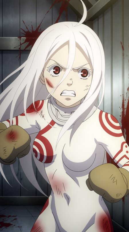 score_9, score_8_up, score_7_up,anime_source, source_anime, best background, detailed background, anime screencap, 4k, upscaled,  Shiro, Main Outfit, sensitive, solo, teeth, blood, injury, punching, indoors,    <lora:JN_Shiro_Deadman_Pony:0.8>