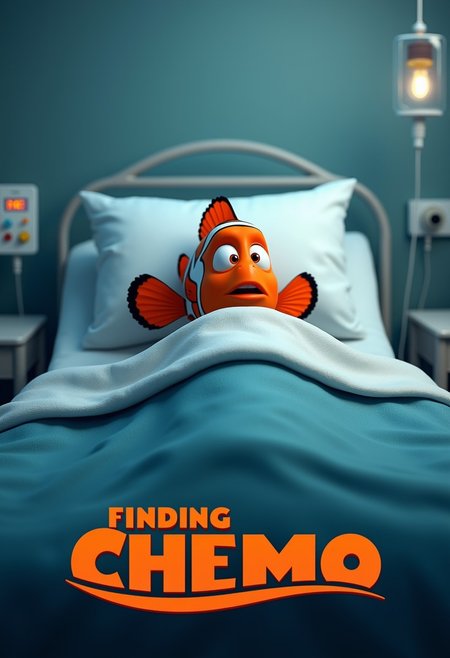 A Disney Pixar style movie poster featuring Marlin the clownfish, laying on a hospital bed, eyes closed, ICU background, covered by blanket, IV fluid drip, tired expression, sad vibes, A big Disney style title at the bottom says "Finding Chemo",
masterpiece, highly detailed, best quality