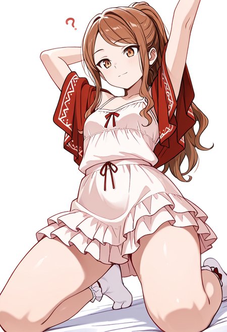 masterpiece,high quality details, absurdres,
 <lora:Aona:0.8> aona_cnr, 1girl, brown hair, long hair, ponytail, brown eyes,, simple background, white background, dynamic angle,solo,, confused,light smile,, stretching pose,casual stride,kneeling with thighs apart,, camisole,poncho   ,ruffled skirt, ,bow legwear socks,