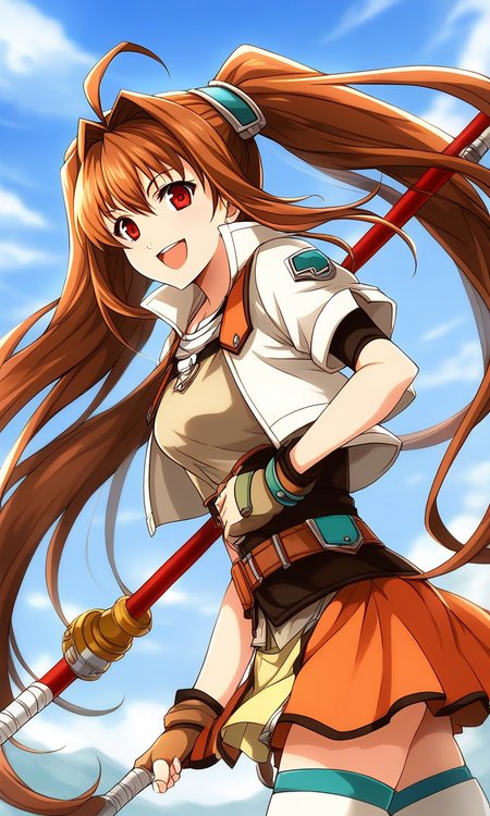 score_9, score_8_up, score_7_up, source_anime, rating_explicit, BREAK  <lora:Estelle_Bright_XL:1> Estelle_Bright, brown hair, very long hair, twintails, ahoge, red eyes, hair intakes, medium breasts,
1girl, solo, thighhighs, staff, skirt, orange skirt, gloves, fingerless gloves, weapon, smile, belt, zettai ryouiki, miniskirt, hand on hip, open mouth, shirt, armor, jacket, jewelry, cropped jacket, bracelet, 
day, sky,
smile,
looking at viewer, 
cowboy_Shot,